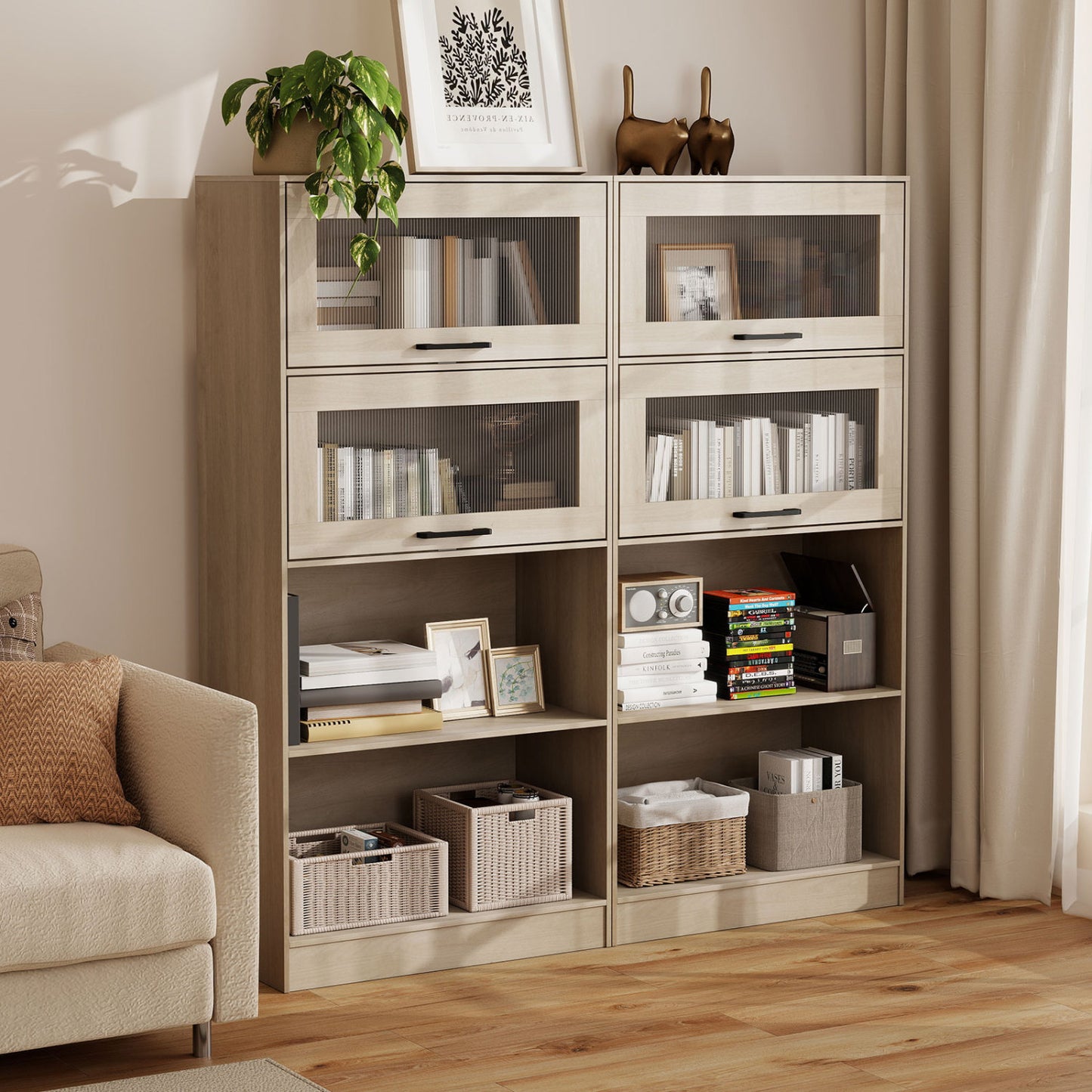 4-Tier Bookshelf with Storage Cabinets - Natural Wood
