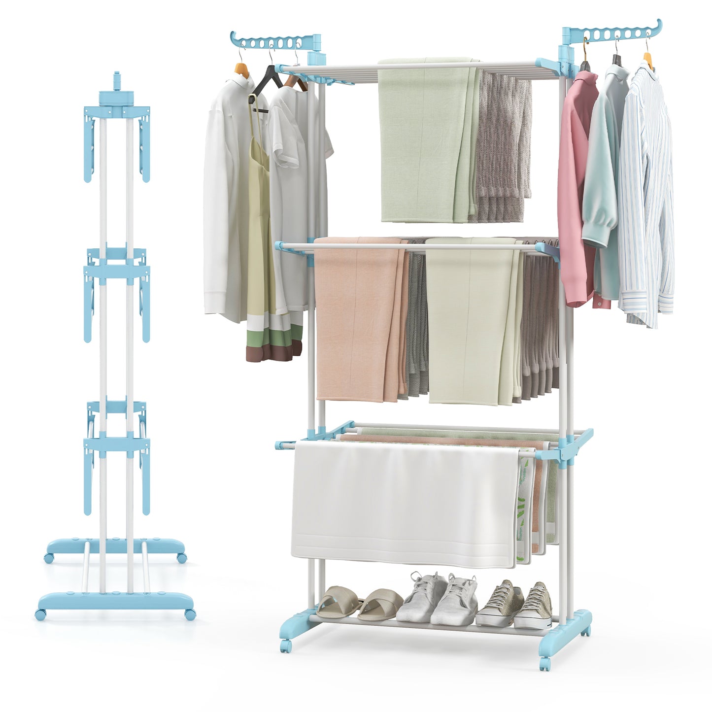 4-tier Clothes Drying Rack with Rotatable Side Wings and Collapsible Shelves-Gray - Blue