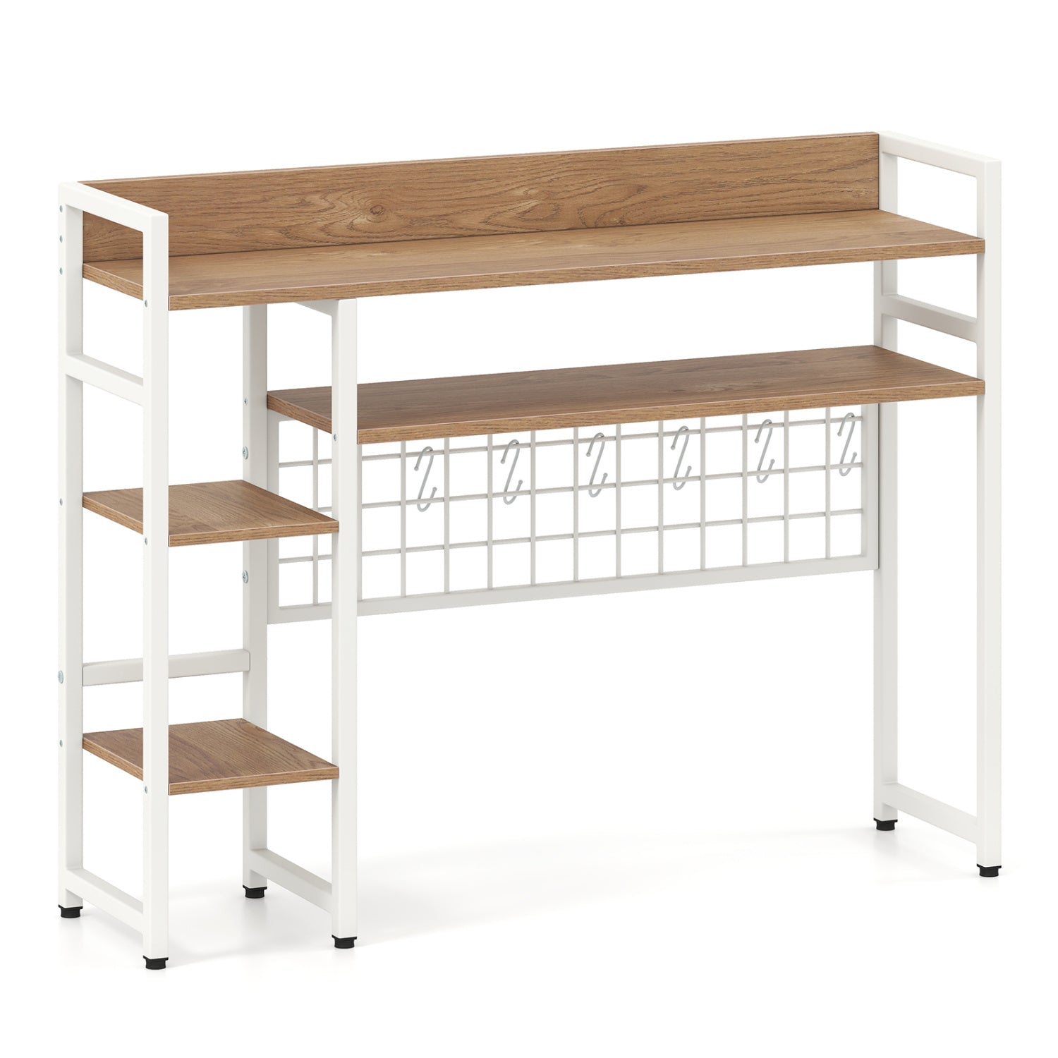 4-Tier Desk Shelf Desktop Display Rack with Metal Grid Panel and 6 Hooks-Natural - Natural