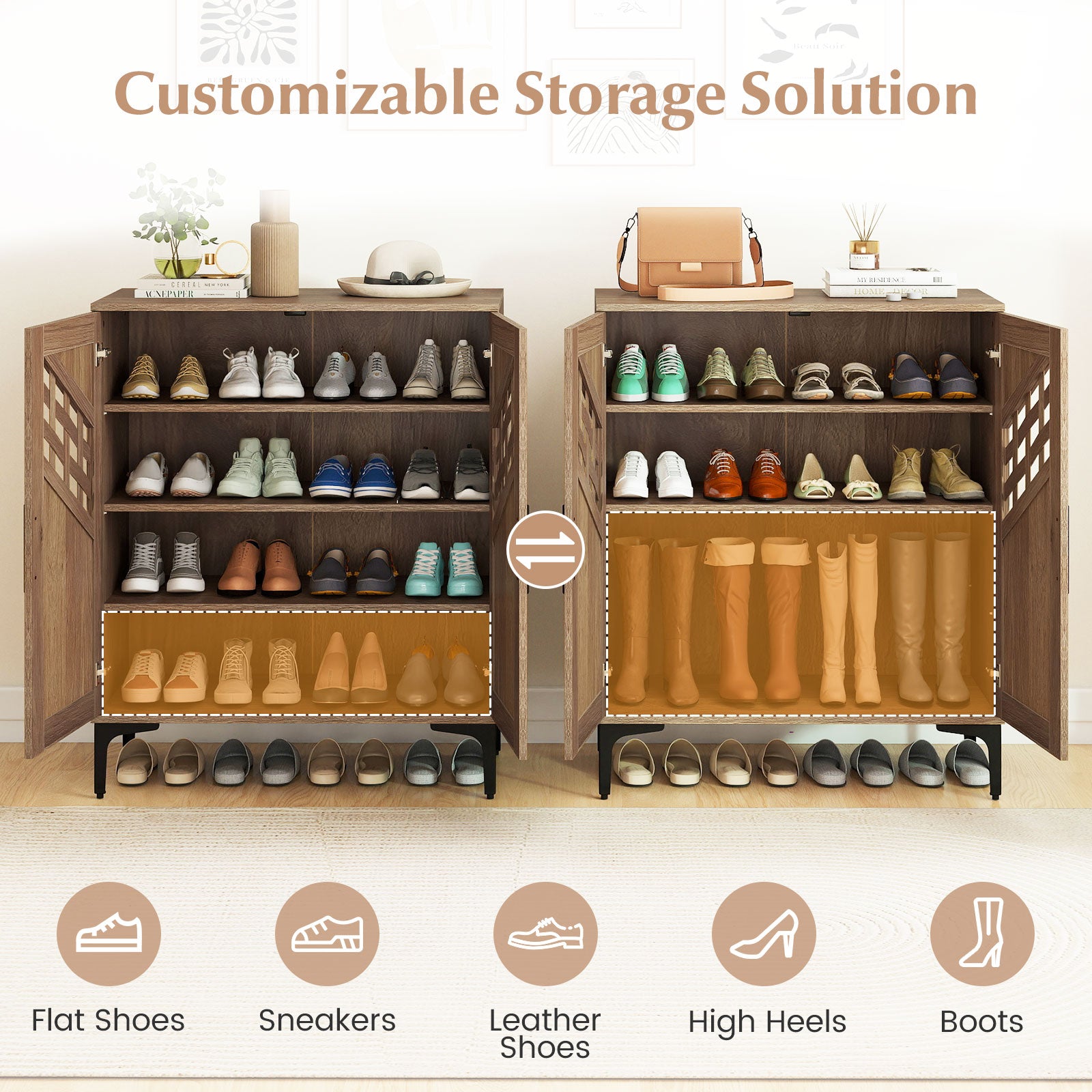 4 Tier Farmhouse Shoe Storage Cabinet with Removable Shelves and Metal Legs-Walnut