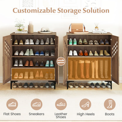 4 Tier Farmhouse Shoe Storage Cabinet with Removable Shelves and Metal Legs-Walnut