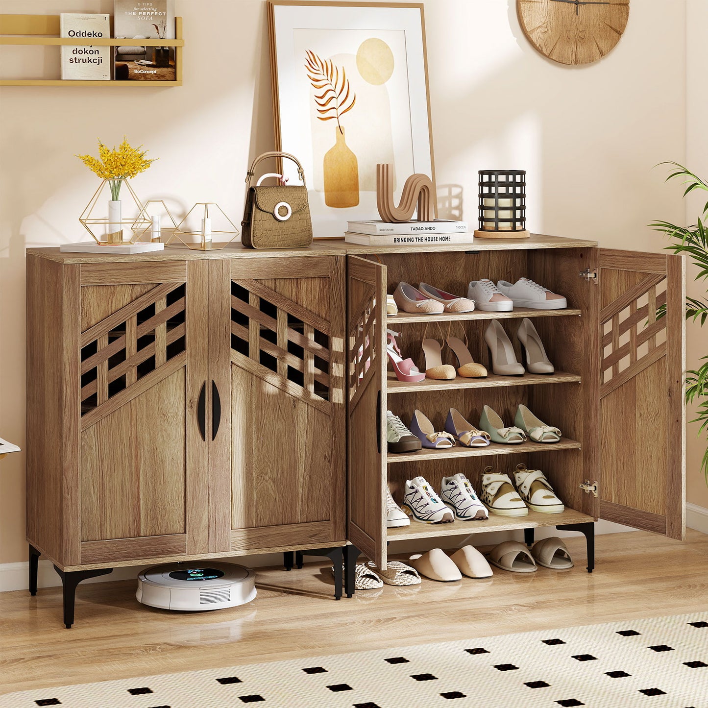 4 Tier Farmhouse Shoe Storage Cabinet with Removable Shelves and Metal Legs-Walnut