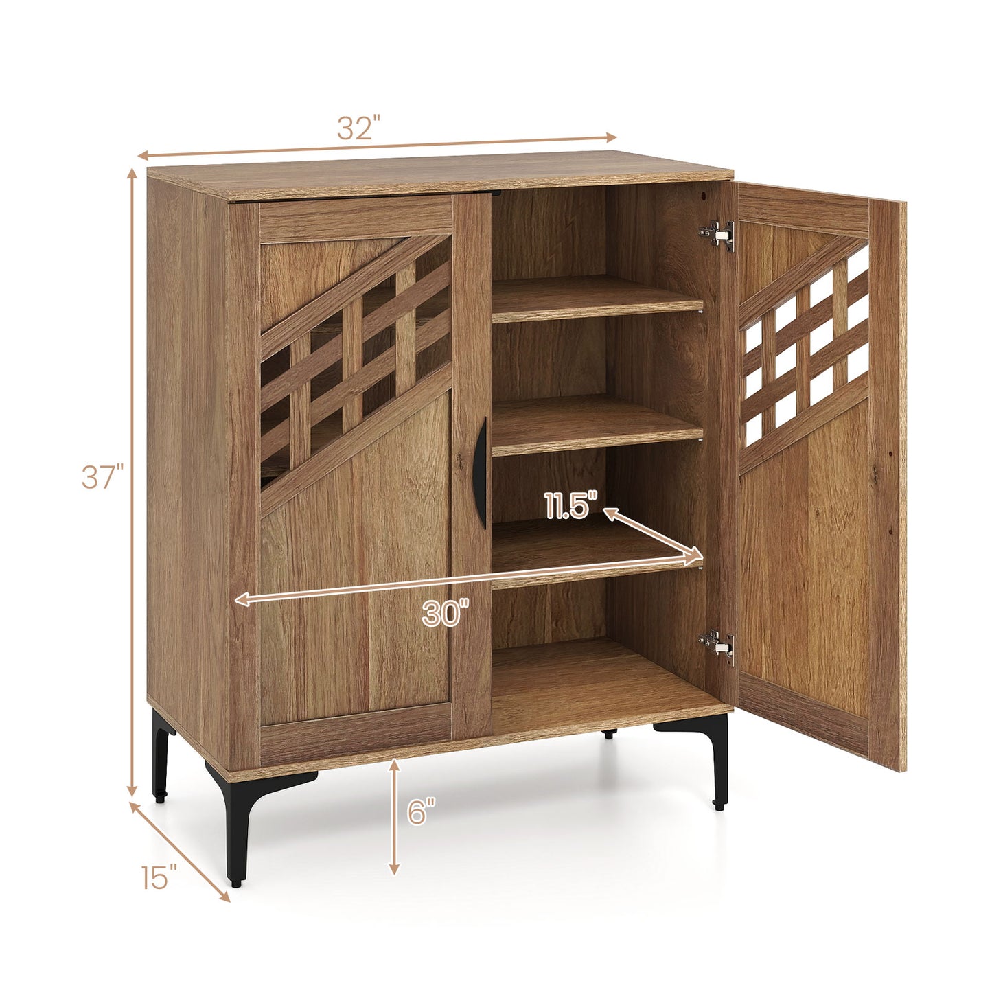 4 Tier Farmhouse Shoe Storage Cabinet with Removable Shelves and Metal Legs-Walnut