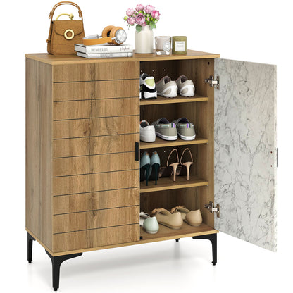 4 Tier Farmhouse Shoe Storage Cabinet with Removable Shelves and Metal Legs-Oak