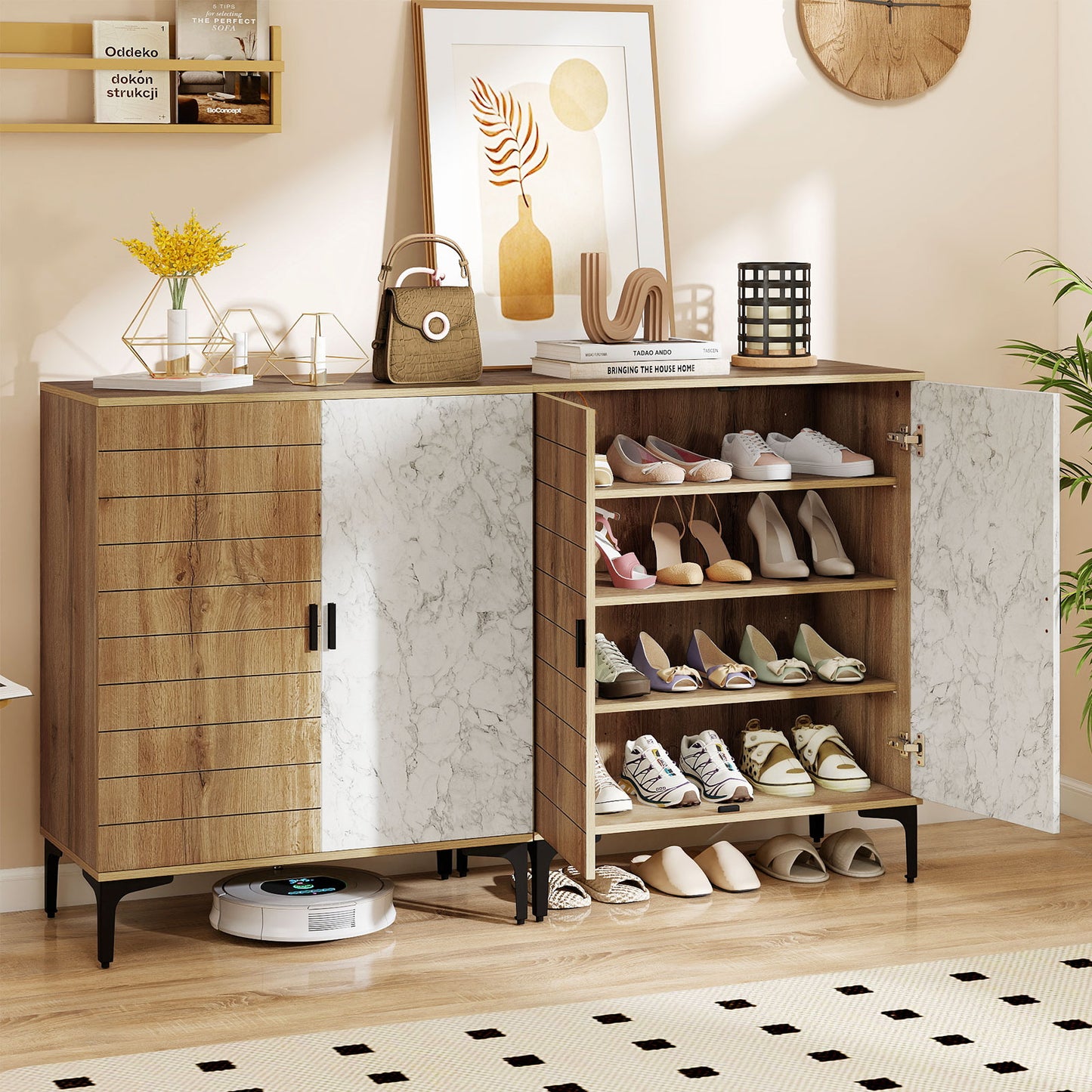 4 Tier Farmhouse Shoe Storage Cabinet with Removable Shelves and Metal Legs-Oak