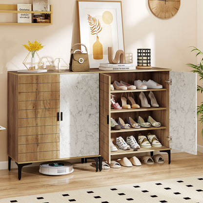 4 Tier Farmhouse Shoe Storage Cabinet with Removable Shelves and Metal Legs-Oak