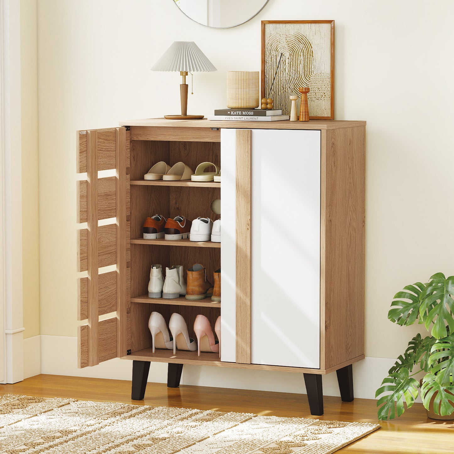 4-Tier Farmhouse Shoe Organizer with Louvered Door-Natural and White