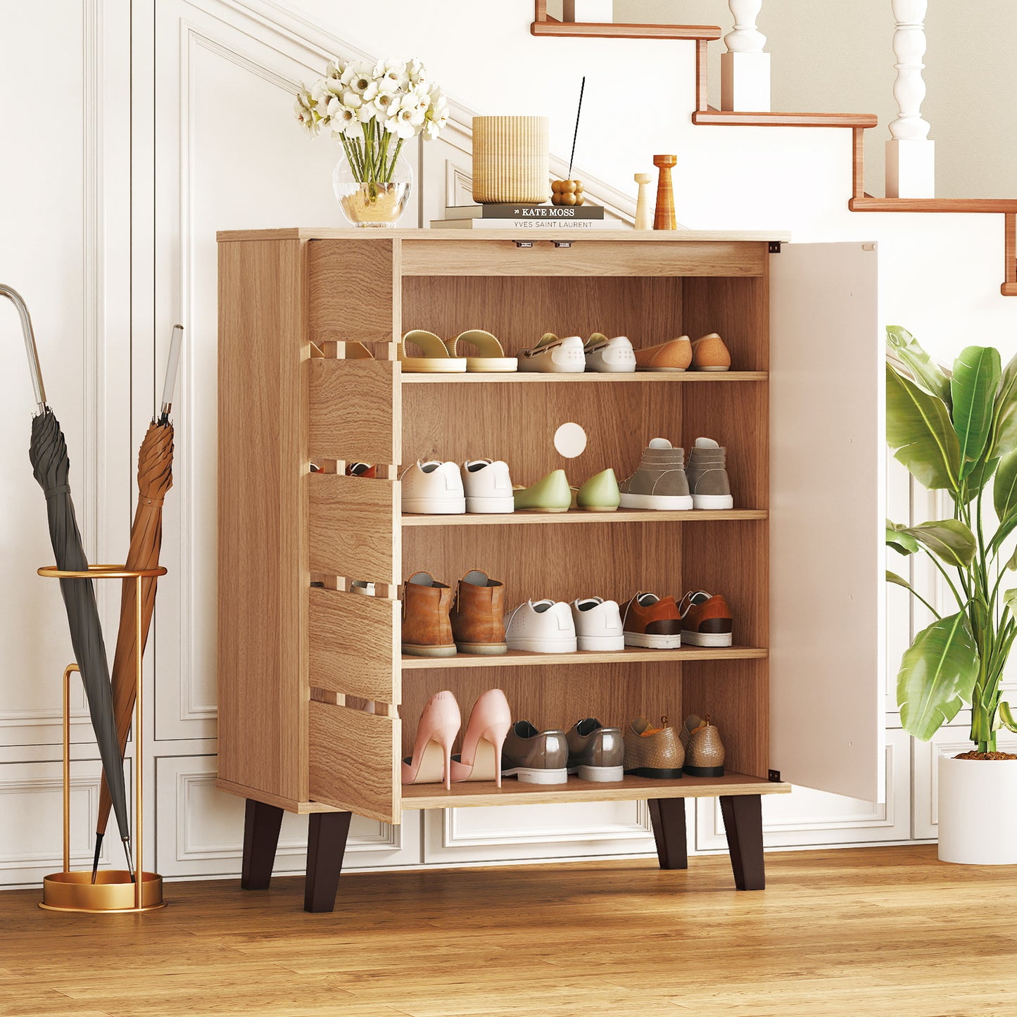 4-Tier Farmhouse Shoe Organizer with Louvered Door-Natural and White