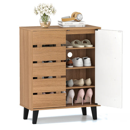 4-Tier Farmhouse Shoe Organizer with Louvered Door-Natural and White