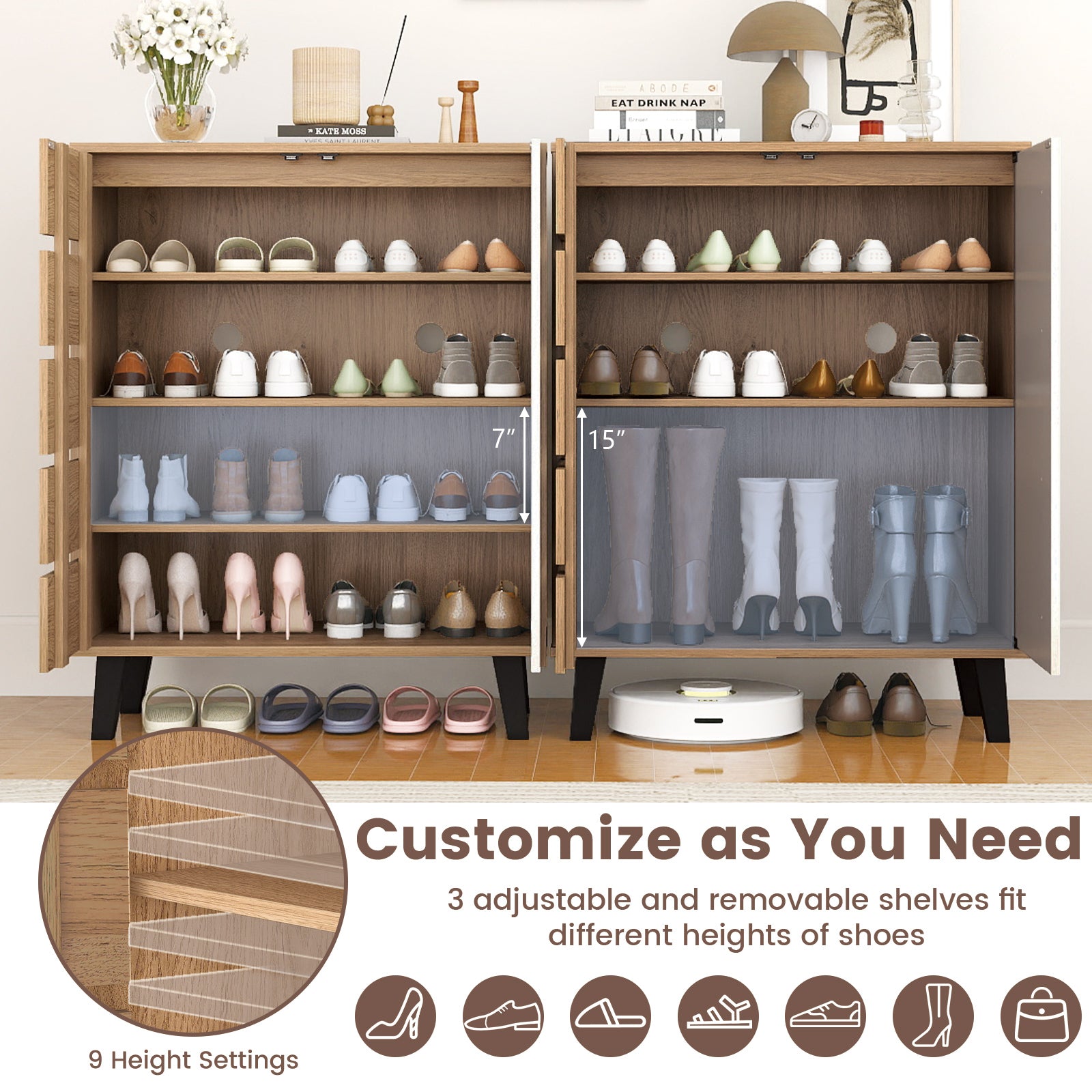 4-Tier Farmhouse Shoe Organizer with Louvered Door-Natural and White