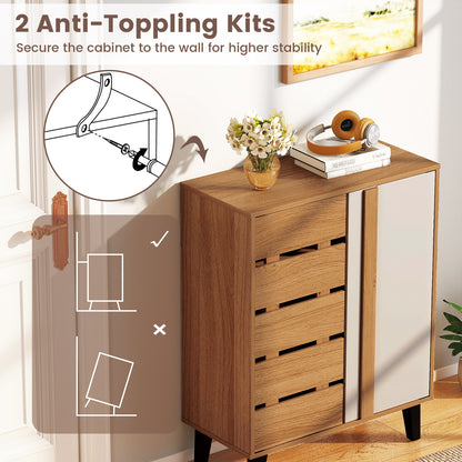 4-Tier Farmhouse Shoe Organizer with Louvered Door-Natural and White