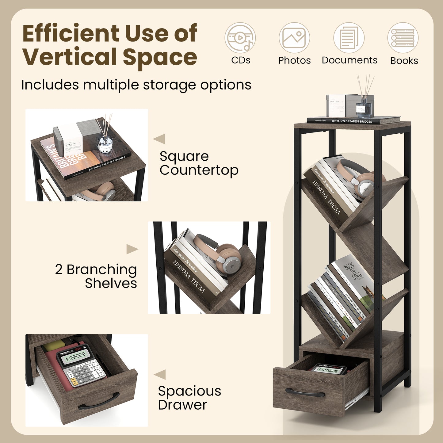 4 Tier Floor Tree Bookshelf with Drawer and Metal Frame-Gray