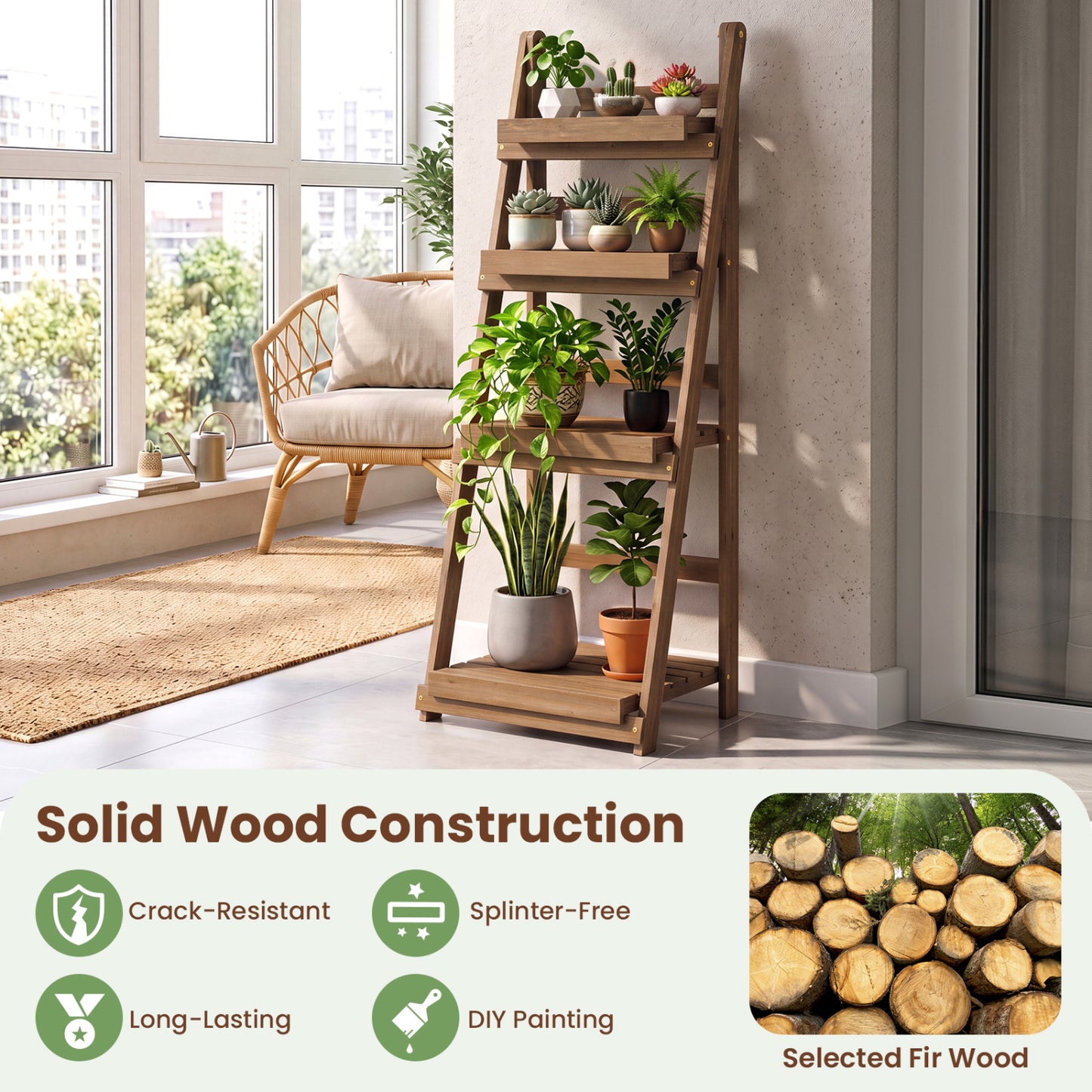 4-Tier Foldable Plant Stand with Slatted Shelves