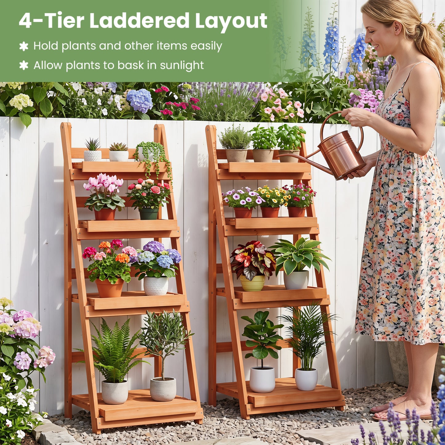 4-Tier Foldable Plant Stand with Slatted Shelves