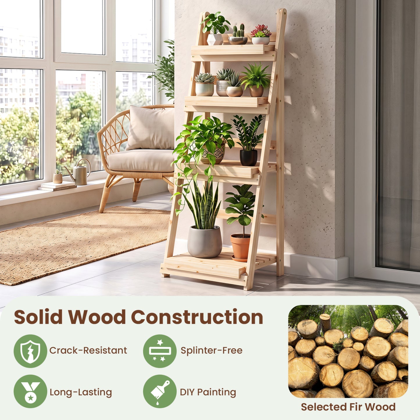 4-Tier Foldable Plant Stand with Slatted Shelves