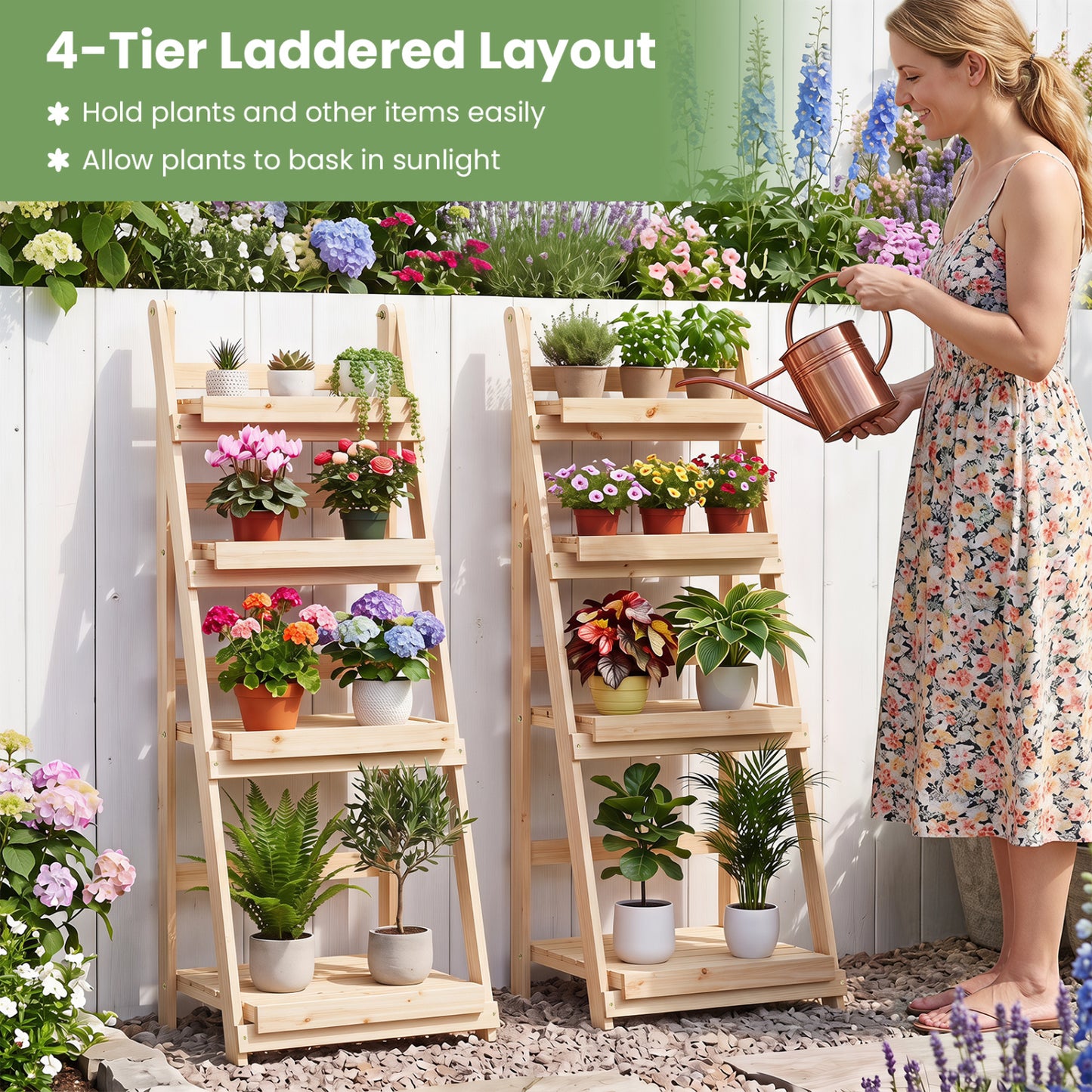 4-Tier Foldable Plant Stand with Slatted Shelves