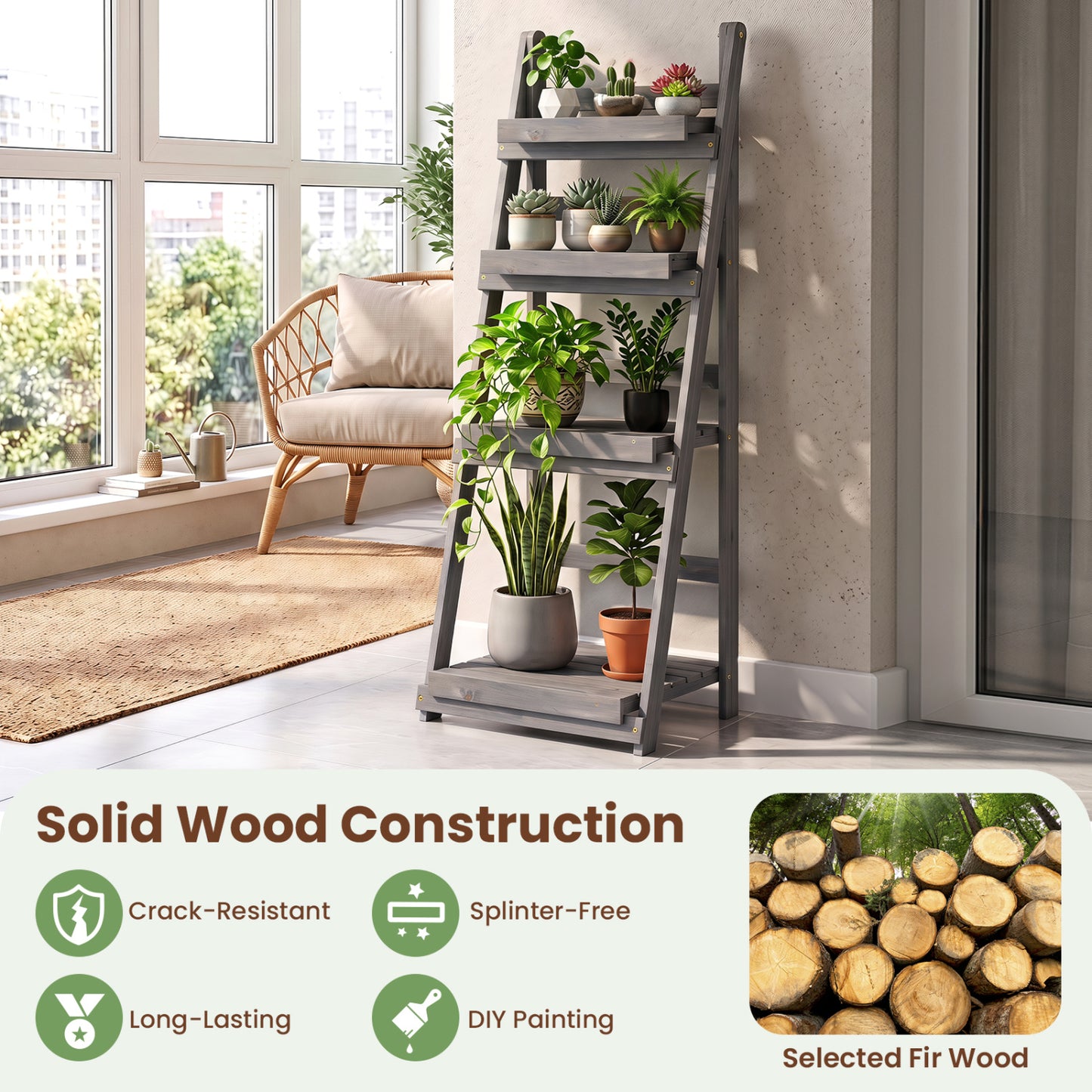4-Tier Foldable Plant Stand with Slatted Shelves