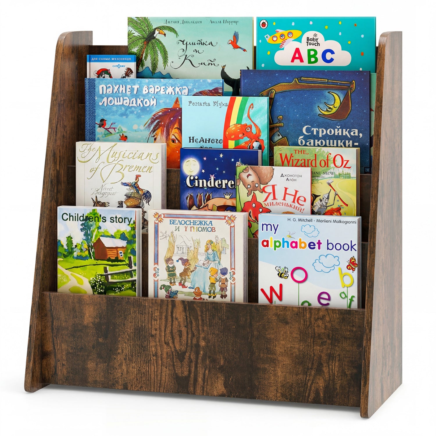 4-Tier Kids Bookshelf with Deep Compartments for Bedroom-Natural - Rustic Brown