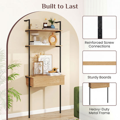 4-Tier Ladder Bookshelf with Drawer and Metal Frame