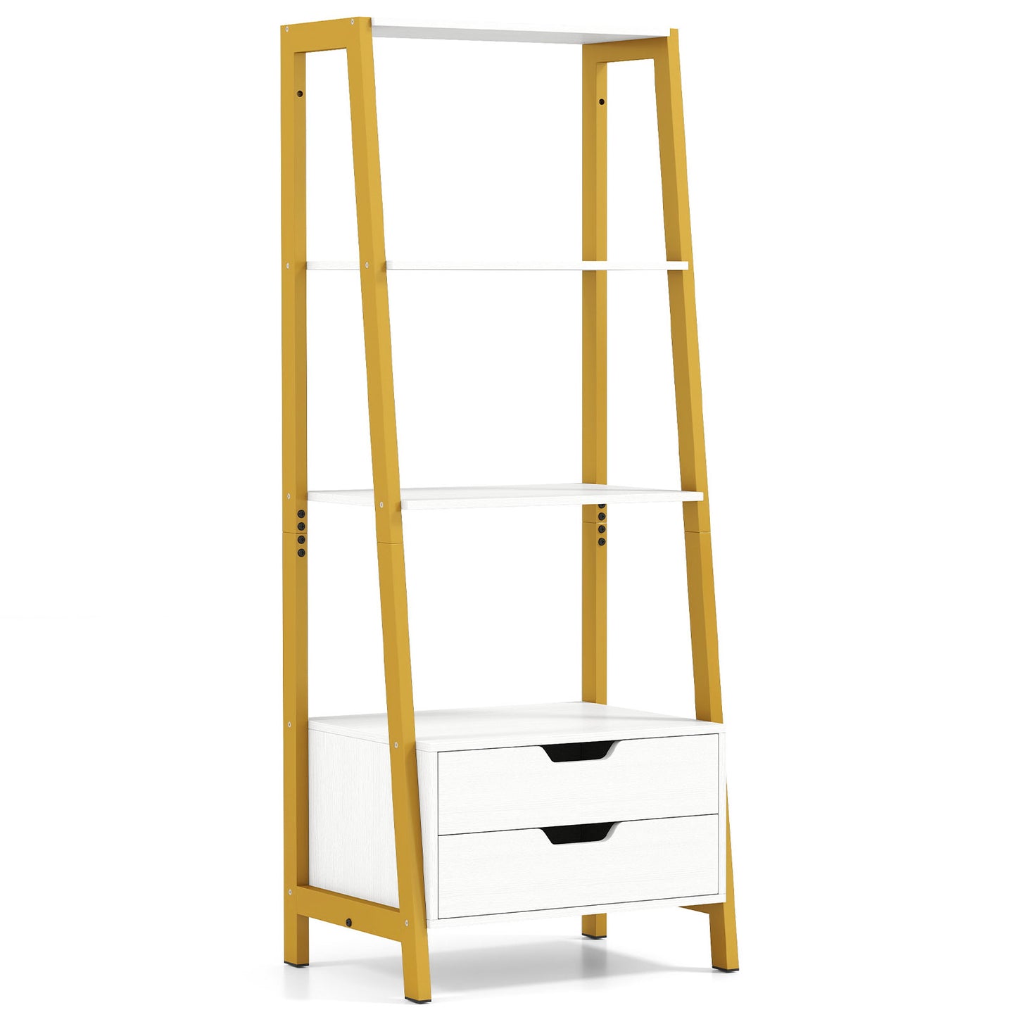 4-Tier Ladder Shelf with 2 Drawers 52.5 Inch Tall Freestanding Bookcase-Rustic Brown - White