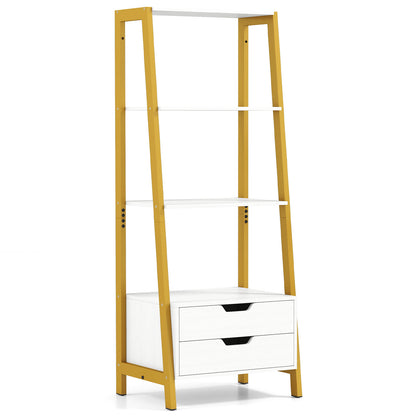 4-Tier Ladder Shelf with 2 Drawers 52.5 Inch Tall Freestanding Bookcase-Rustic Brown - White