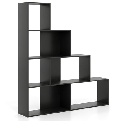 4-Tier Stepped Bookshelf Freestanding Ladder Storage Shelf with 6 Cubes-Rustic Brown - Black
