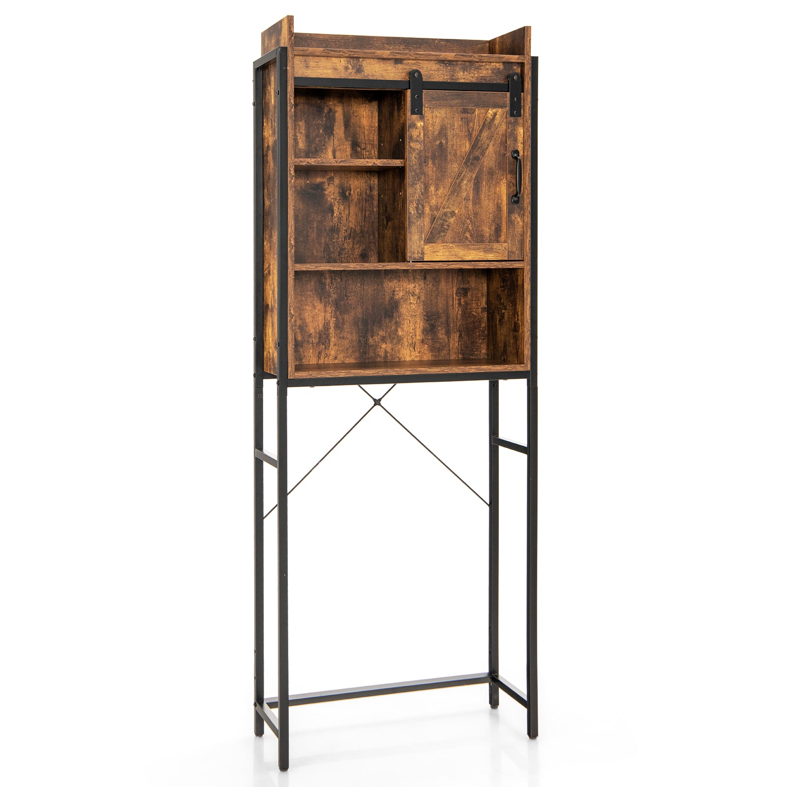 4-Tier Multifunctional Toilet Sorage Cabinet with Adjustable Shelf and Sliding Barn Door-Rustic Brown
