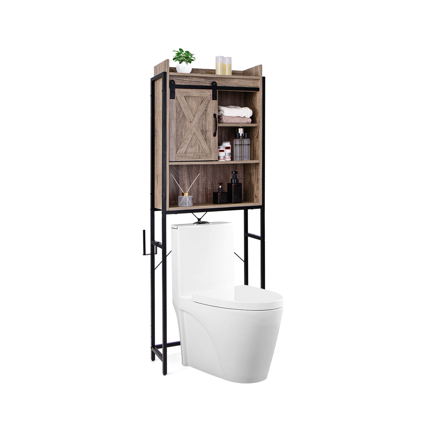 4-Tier Multifunctional Toilet Storage Cabinet with Adjustable Shelf and Sliding Barn Door-Gray