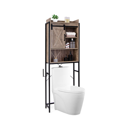 4-Tier Multifunctional Toilet Storage Cabinet with Adjustable Shelf and Sliding Barn Door-Gray