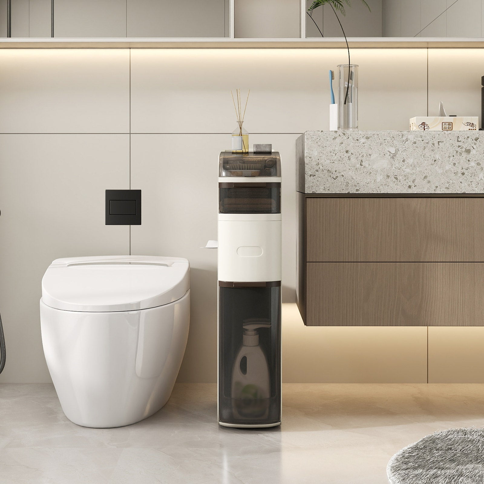 4-Tier Narrow Bathroom Storage Cabinet with Drawers and Tissue Box