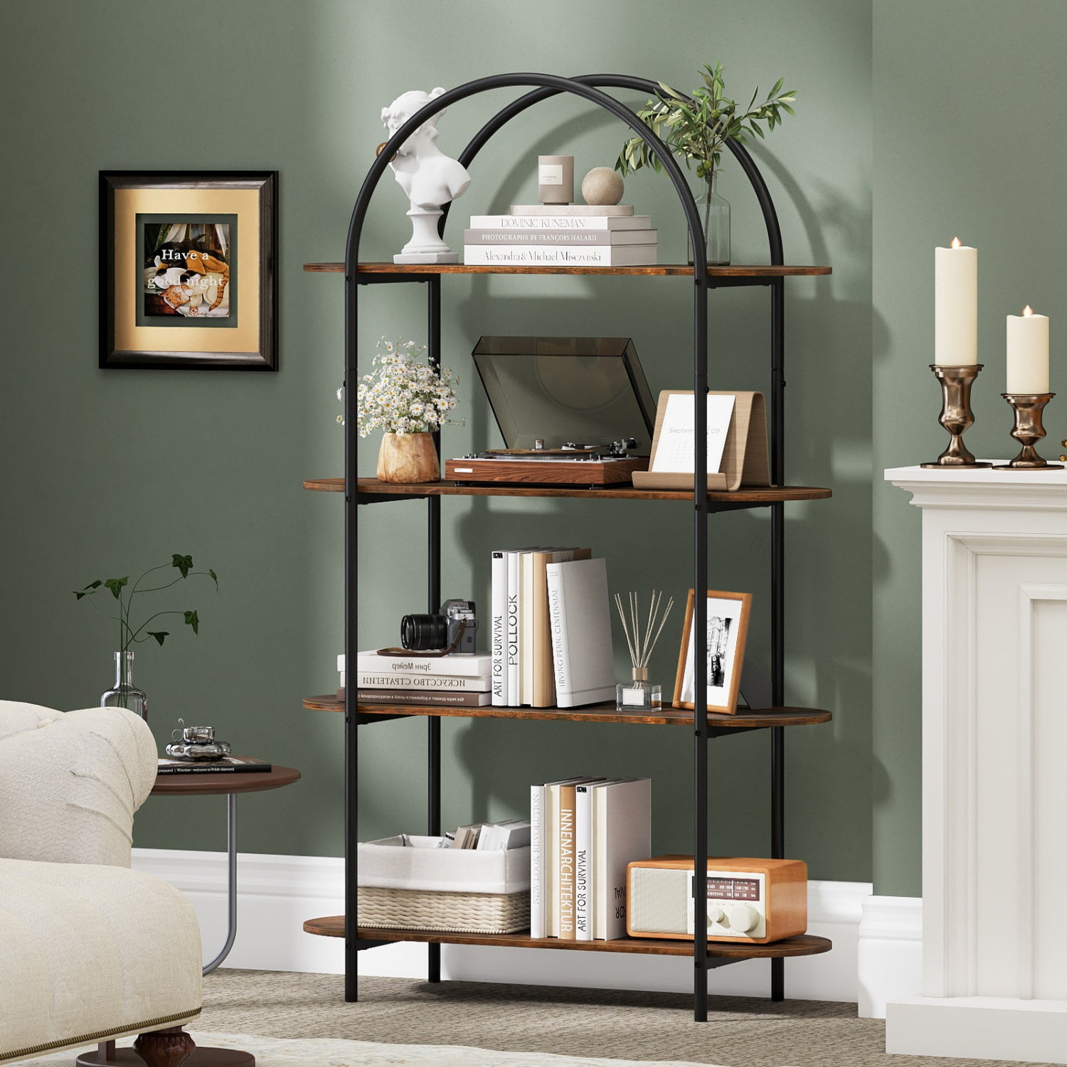 4-Tier Open Bookcase with Sturdy Metal Frame for Living Room-Rustic Brown