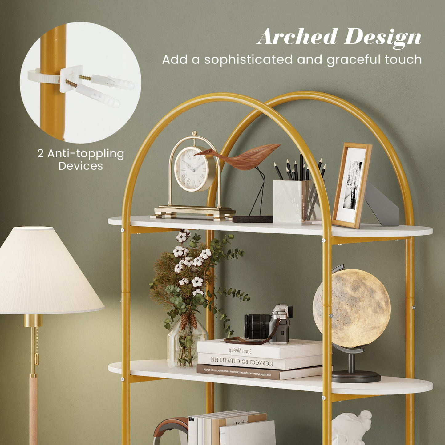 4-Tier Open Bookcase with Sturdy Metal Frame for Living Room-White & Golden