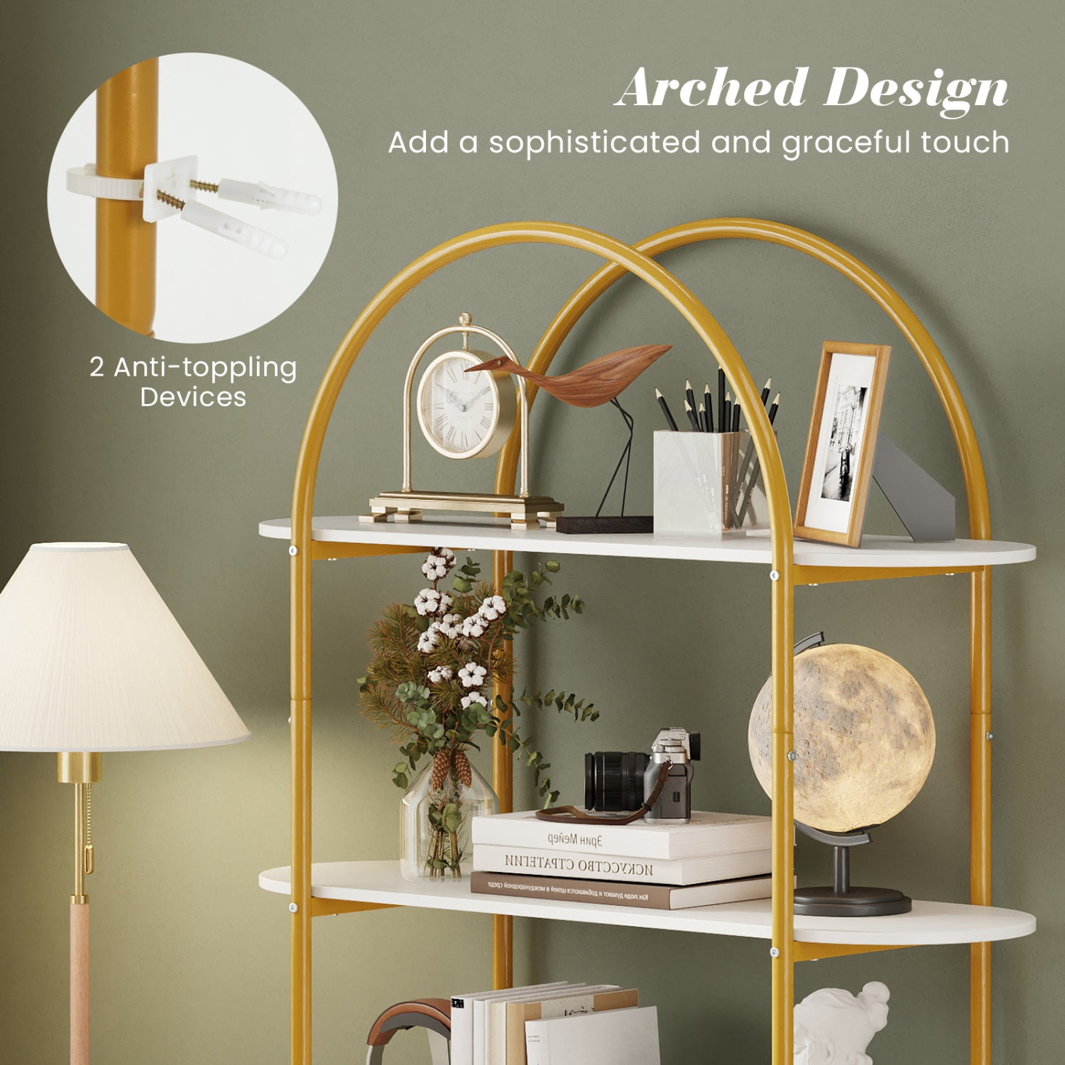 4-Tier Open Bookcase with Sturdy Metal Frame for Living Room-White & Golden