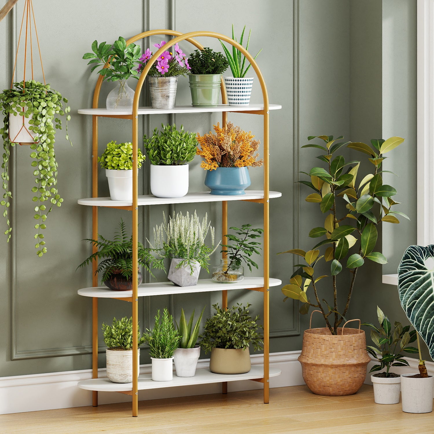 4-Tier Open Bookcase with Sturdy Metal Frame for Living Room-White & Golden