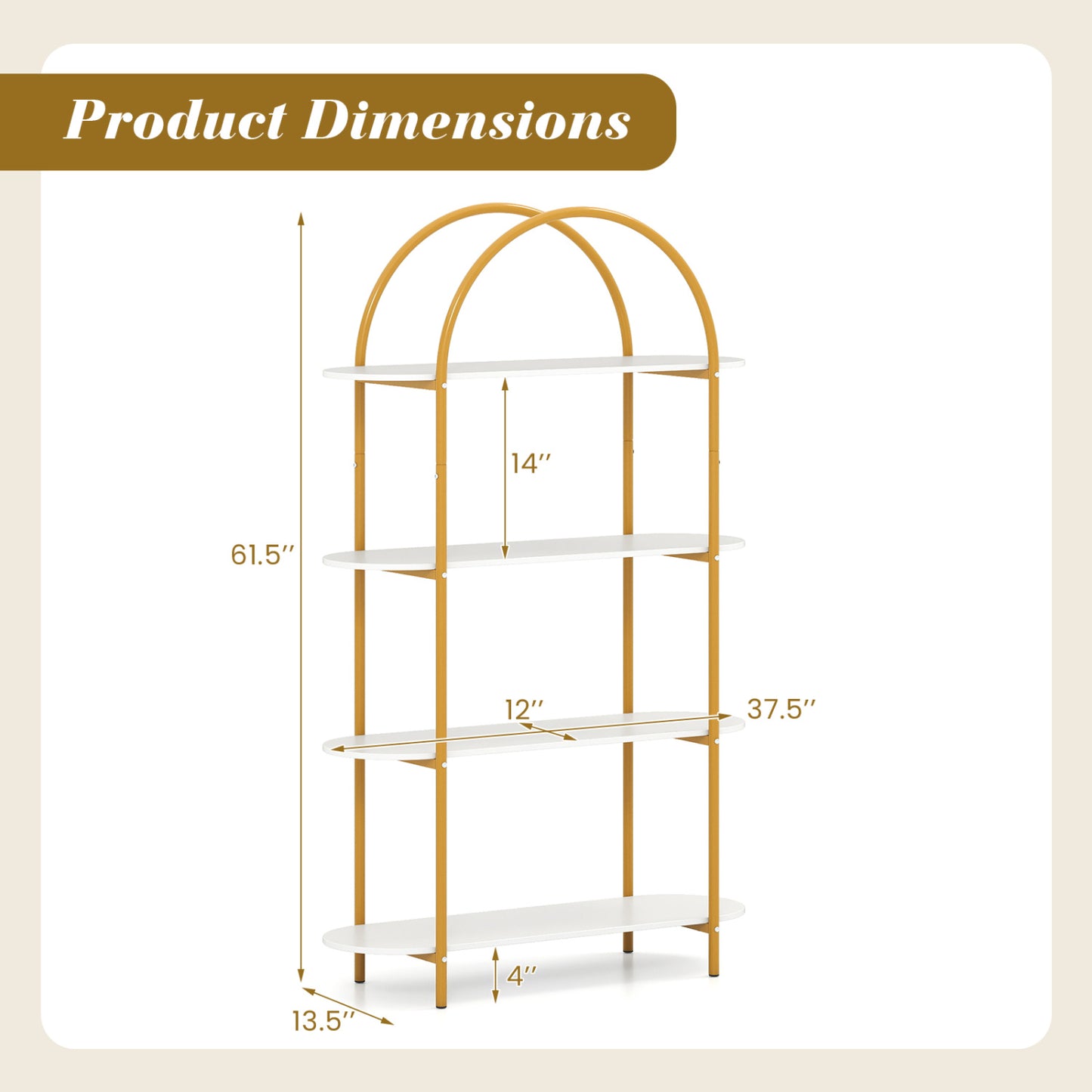 4-Tier Open Bookcase with Sturdy Metal Frame for Living Room-White & Golden