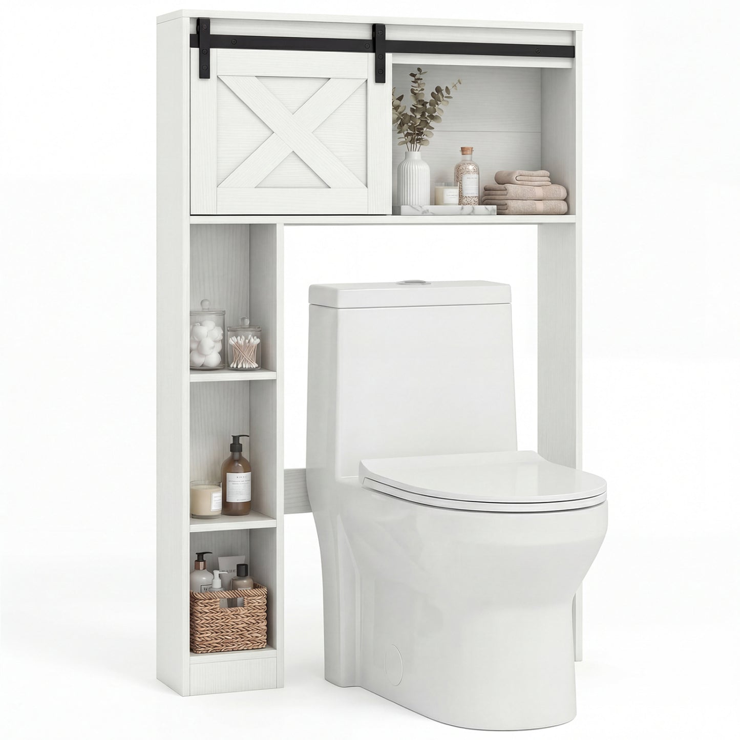 4-Tier Over The Toilet Storage Cabinet with Sliding Barn Door and Storage Shelves-White