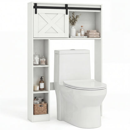 4-Tier Over The Toilet Storage Cabinet with Sliding Barn Door and Storage Shelves-White