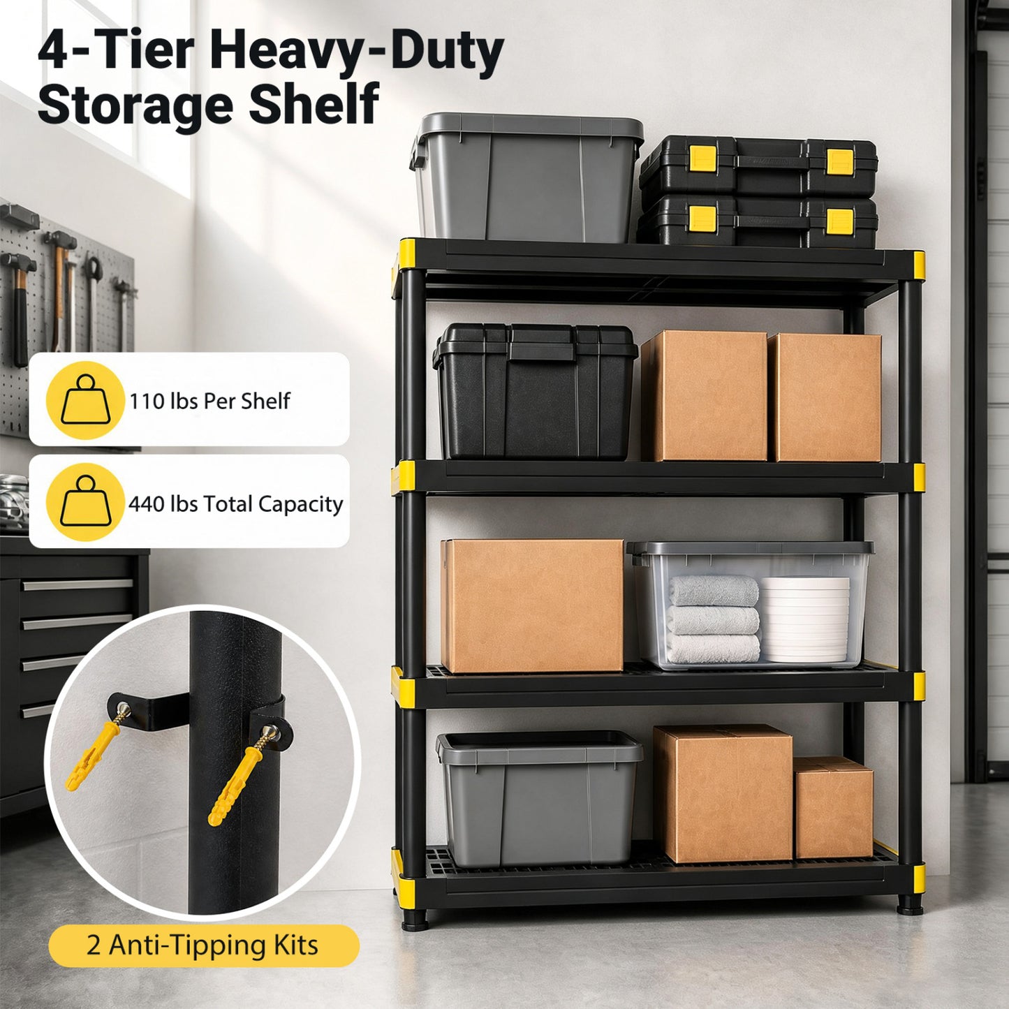 4-Tier Heavy-Duty Plastic Storage Shelf - 440 lbs Capacity