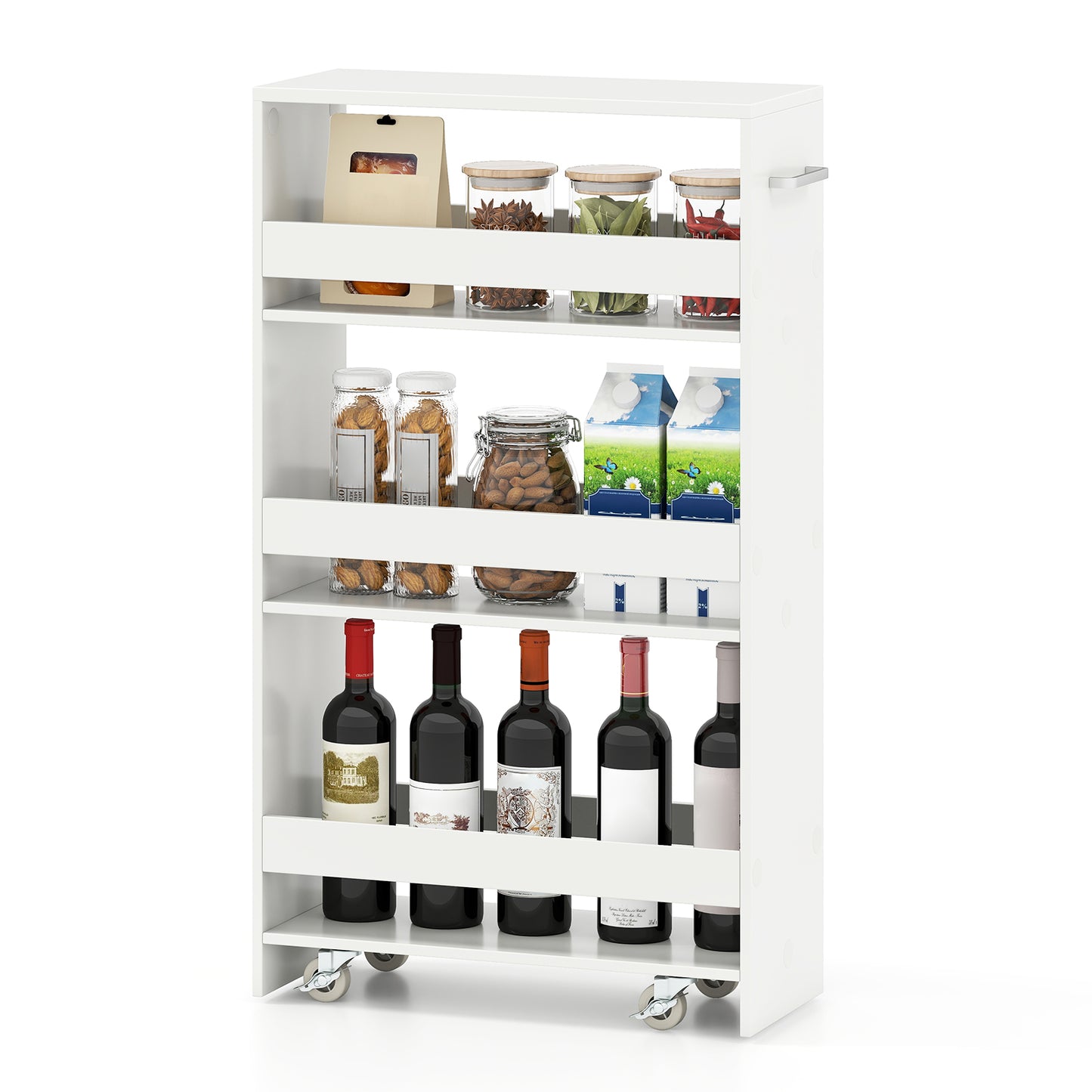 4-Tier Rolling Storage Cart Slim Kitchen Cart on Wheels with Open Shelves and Handle-Rustic Brown - White