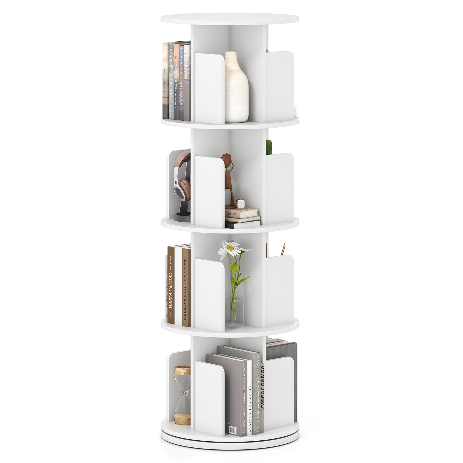 4-Tier Rotating Bookshelf 360¬∞ Display Rack with Dividers and Anti-falling Baffles-White