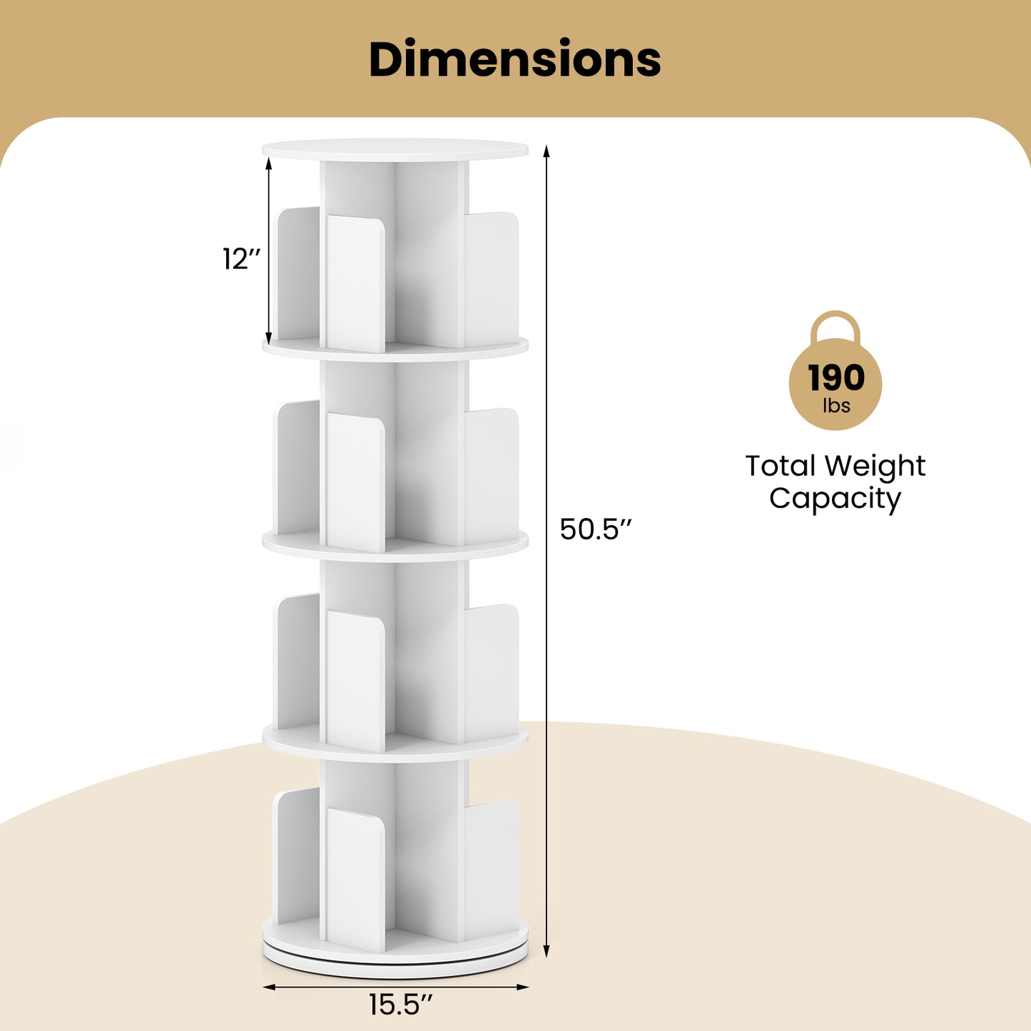 4-Tier Rotating Bookshelf 360¬∞ Display Rack with Dividers and Anti-falling Baffles-White