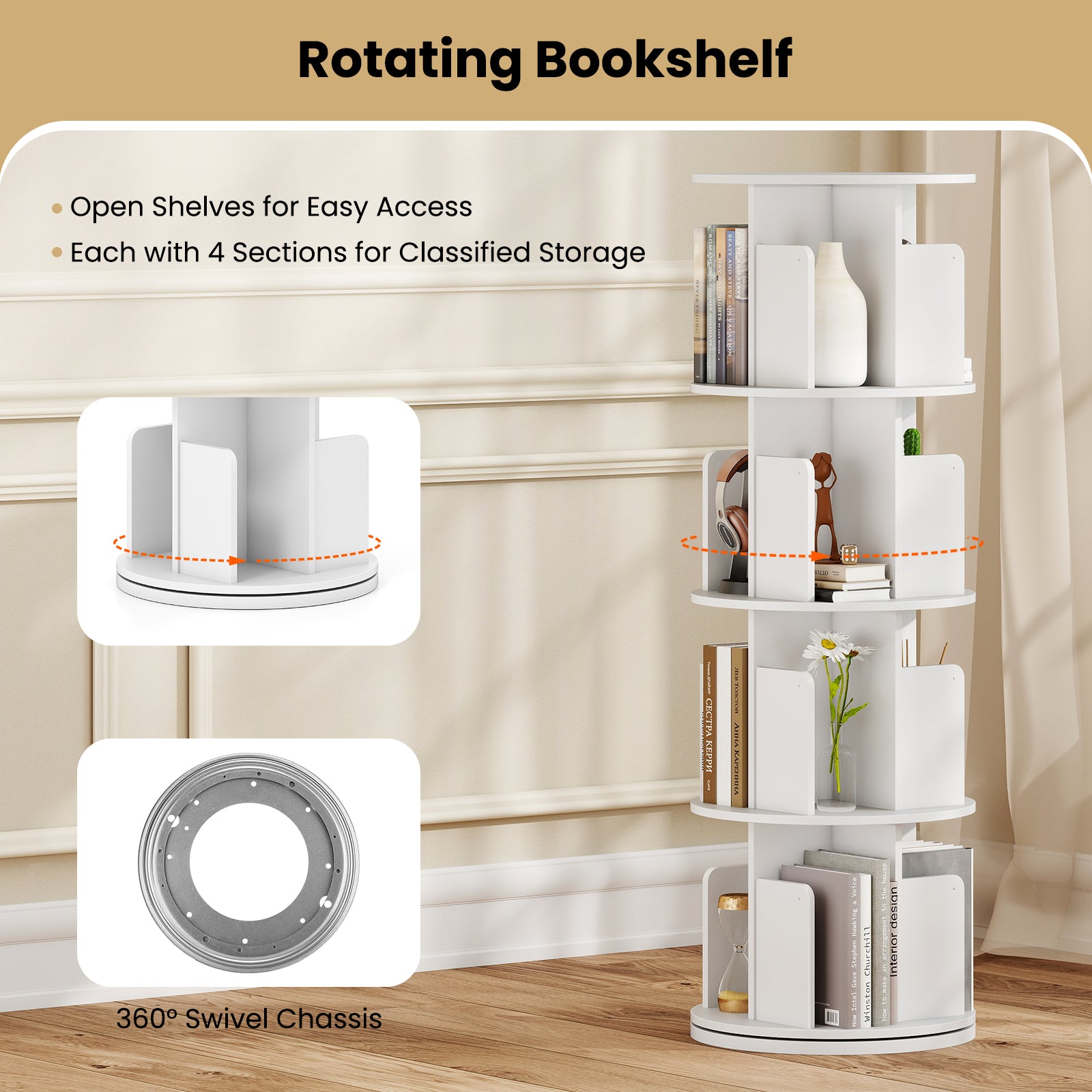 4-Tier Rotating Bookshelf 360¬∞ Display Rack with Dividers and Anti-falling Baffles-White