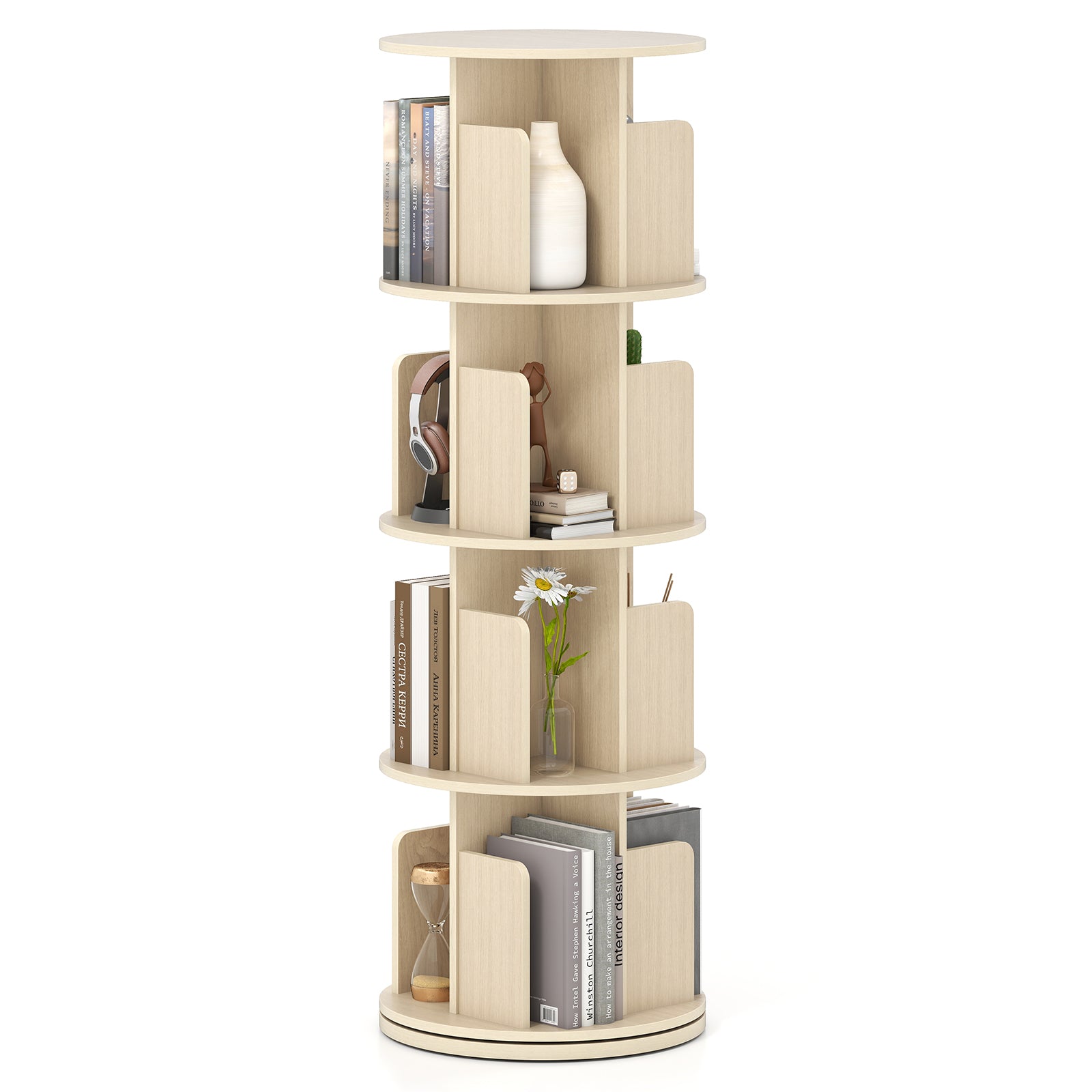 4-Tier Rotating Bookshelf 360¬∞ Display Rack with Dividers and Anti-falling Baffles-Natural