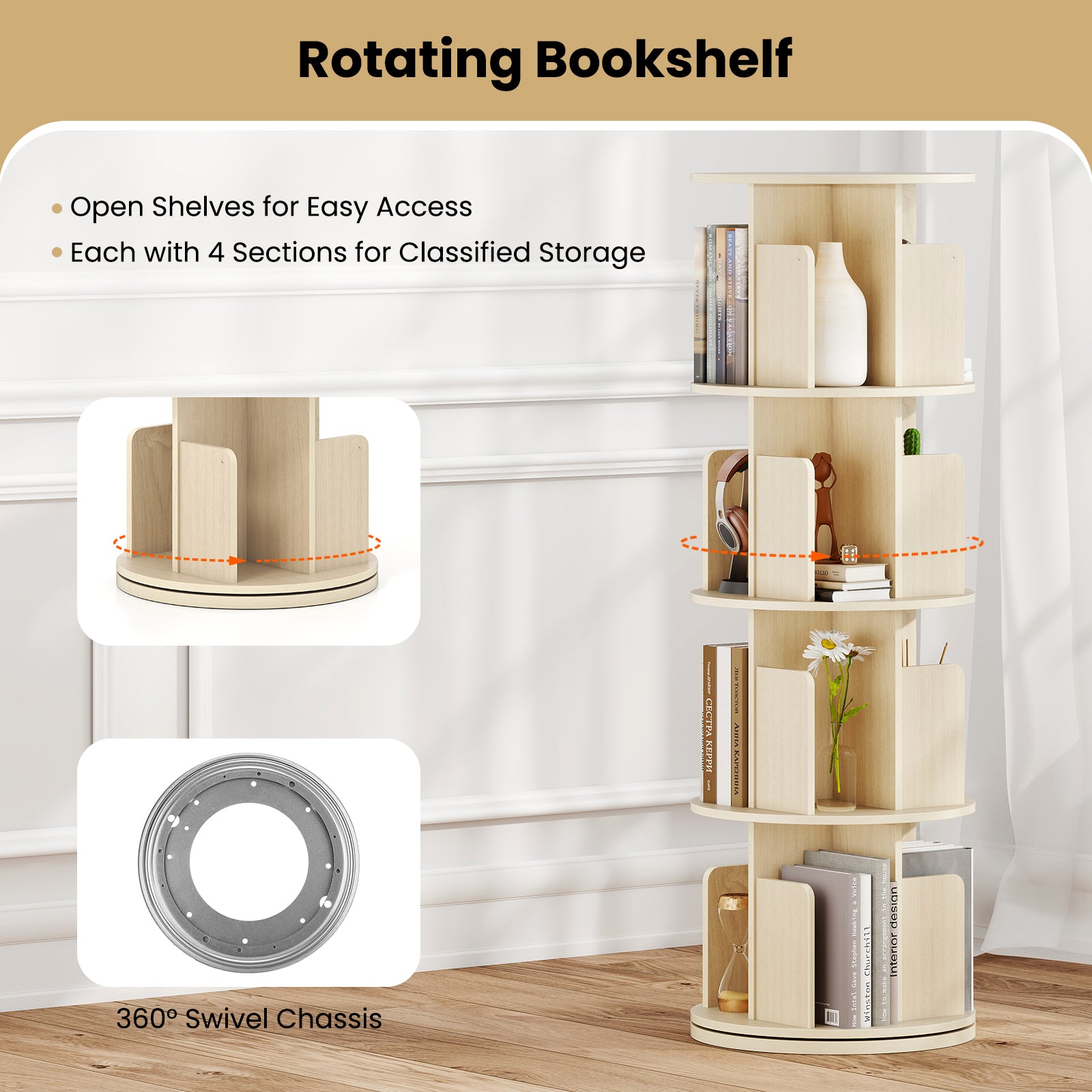 4-Tier Rotating Bookshelf 360¬∞ Display Rack with Dividers and Anti-falling Baffles-Natural