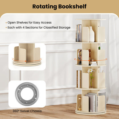 4-Tier Rotating Bookshelf 360¬∞ Display Rack with Dividers and Anti-falling Baffles-Natural