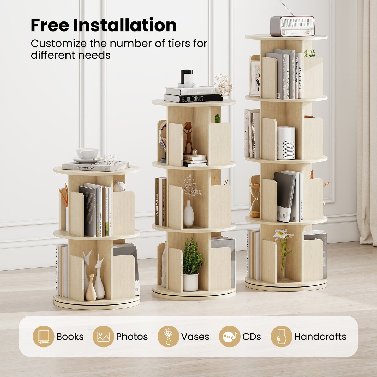 4-Tier Rotating Bookshelf 360¬∞ Display Rack with Dividers and Anti-falling Baffles-Natural