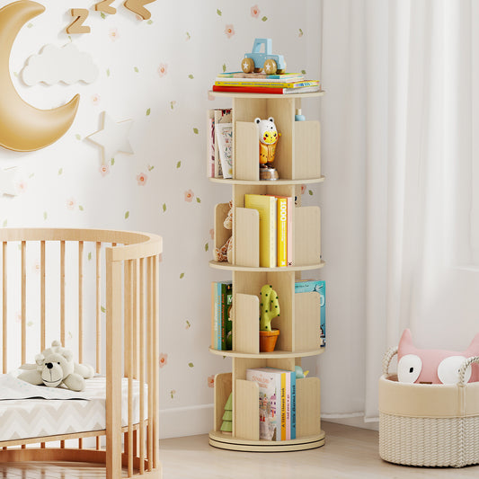4-Tier Rotating Bookshelf 360¬∞ Display Rack with Dividers and Anti-falling Baffles-Natural