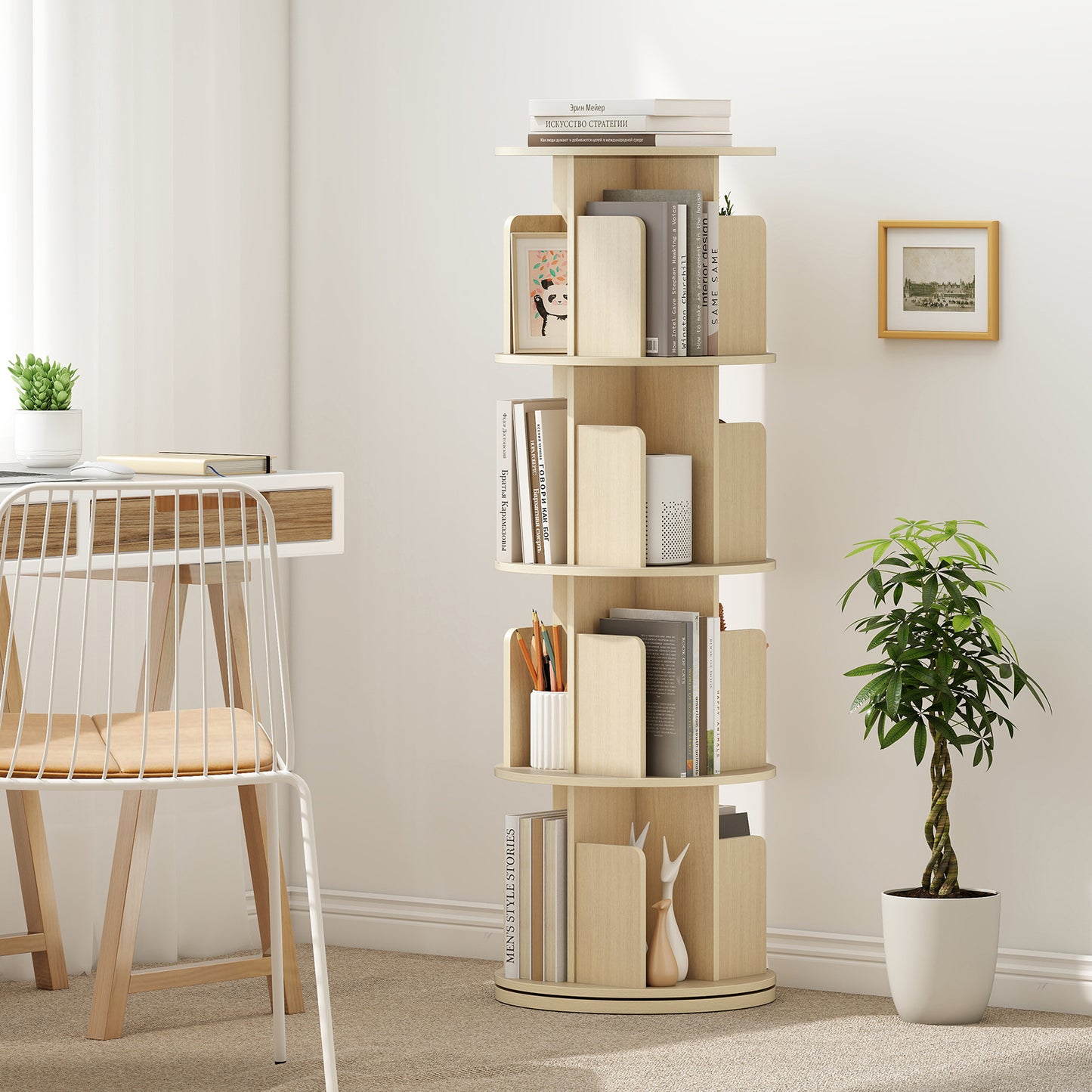 4-Tier Rotating Bookshelf 360¬∞ Display Rack with Dividers and Anti-falling Baffles-Natural
