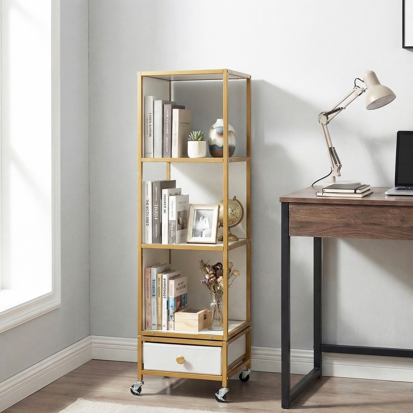 4-Tier Rotating Bookshelf on Wheels with Removable Drawer