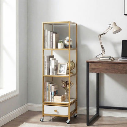 4-Tier Rotating Bookshelf on Wheels with Removable Drawer